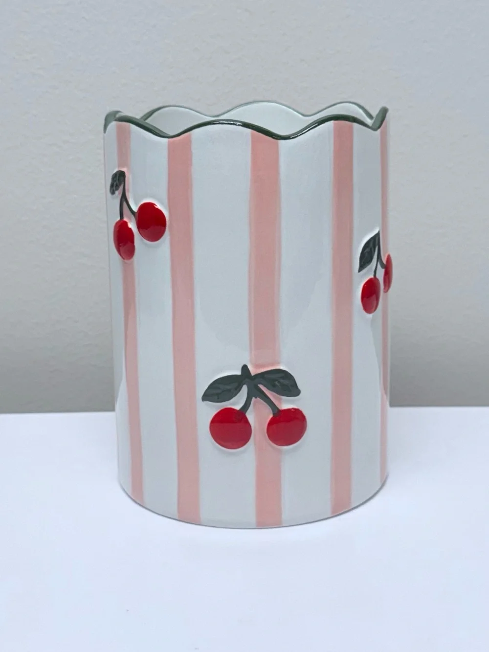 Ceramic Utensil Holder - Pink & White Striped with Cherry Design Target Bullseye